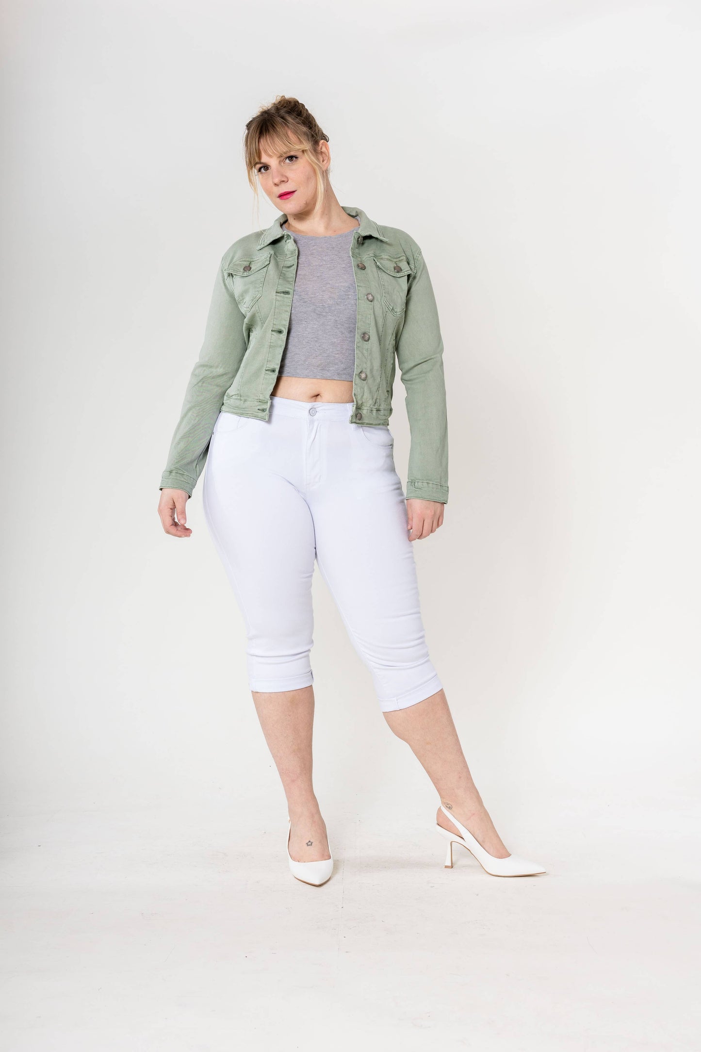 Stretch denimjacka - Plusstorlek : Salvia
