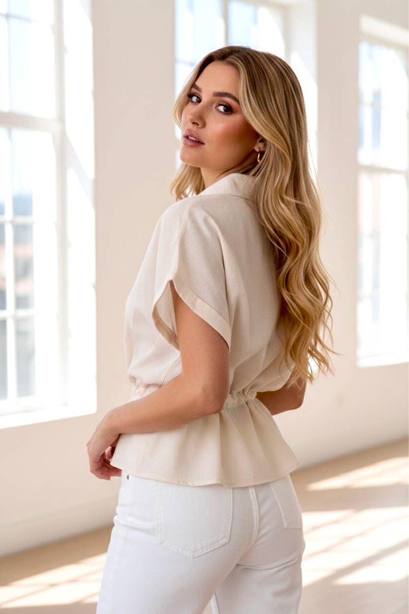 Beige blus - 100% Bomull - med bladtryck i guld: Beige