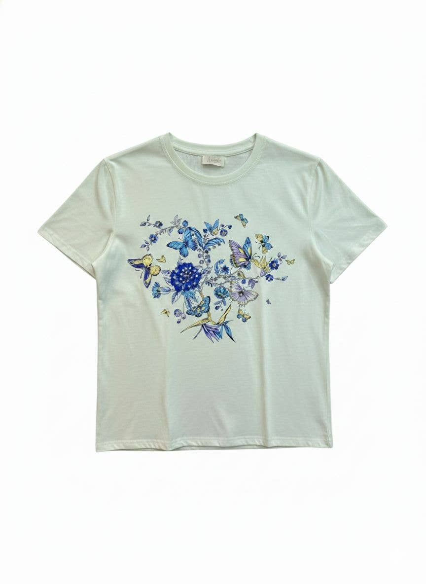Bomulls-T-shirt med fjärilsmönster: Grön