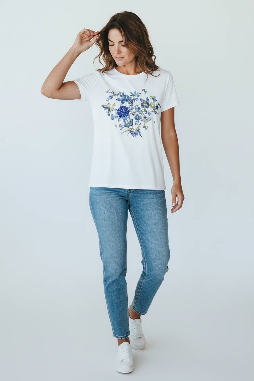 Kortärmad T-shirt i Bomull med Blommor och Fjärilar
