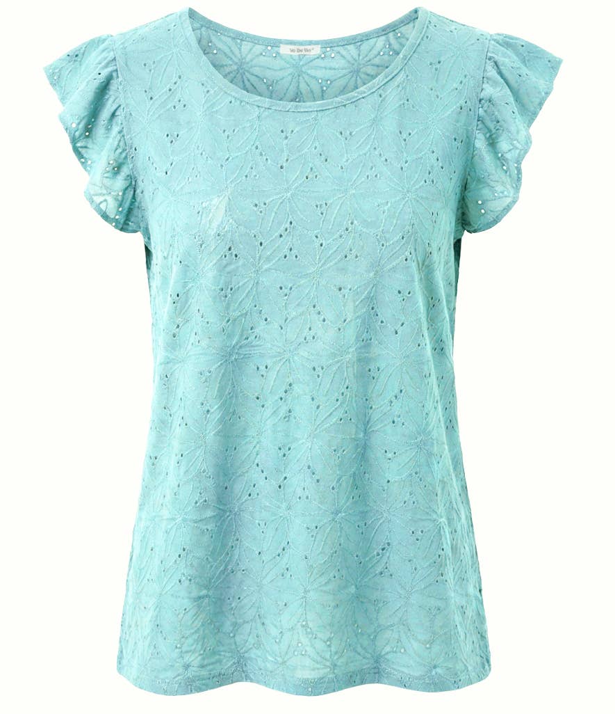T-shirt med volangärmar i reliefstickad jacquard: Bordeaux Aqua