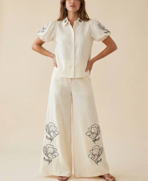 Kortärmad Broderad Skjorta - 100% Bomull : Beige