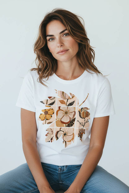 Bomulls-T-shirt med blommönster: Vit