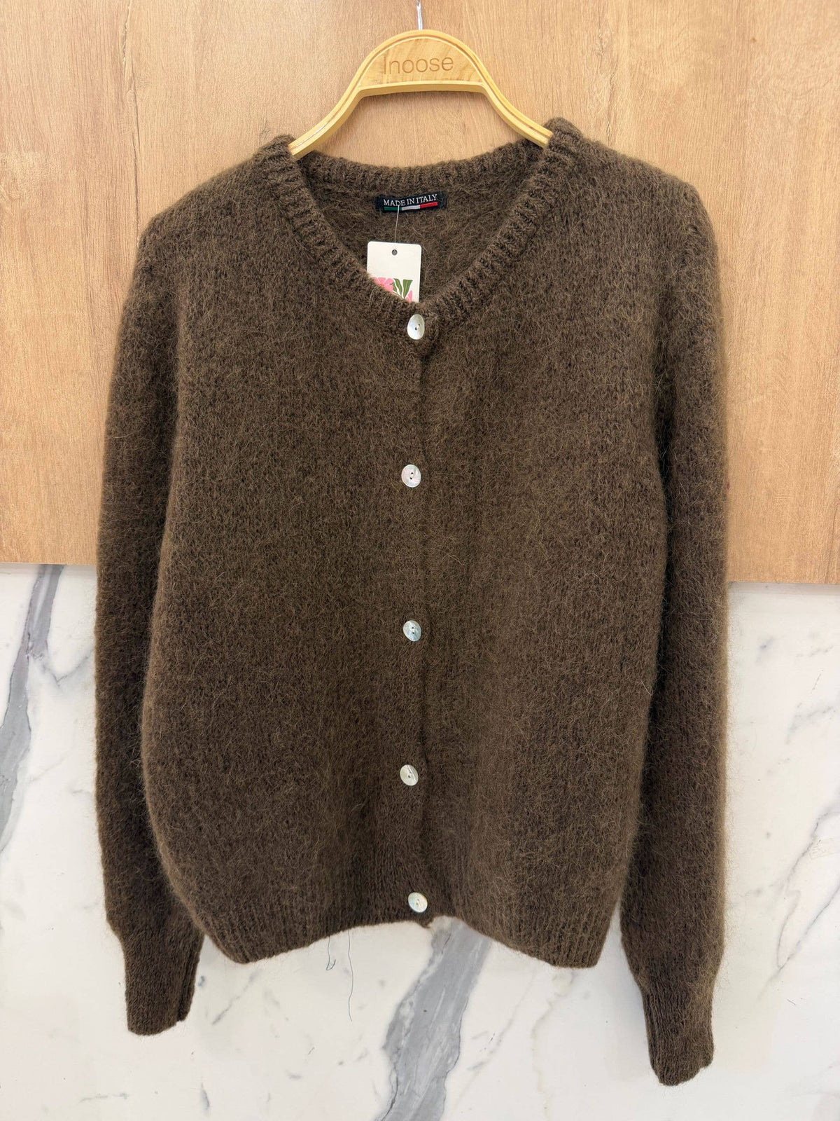 Kofta i kidmohair & ull med rund hals: Brun