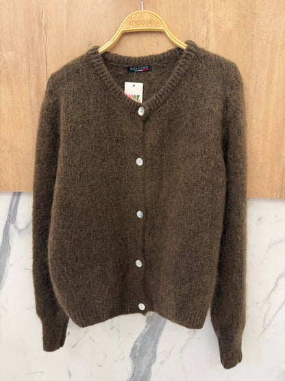 Kofta i kidmohair & ull med rund hals: Brun