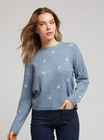 YVETTE - Merinoulltröja med broderade blommor - Blå