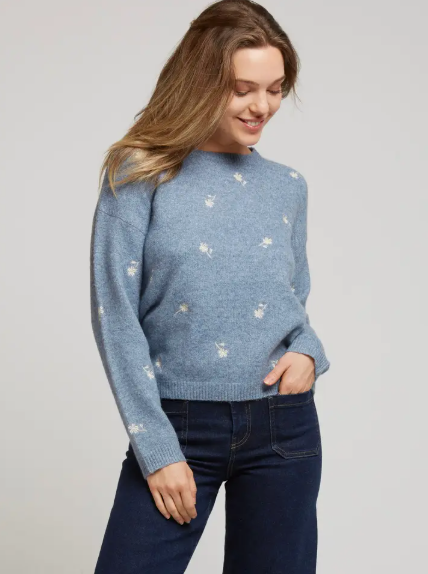 YVETTE - Merinoulltröja med broderade blommor - Blå