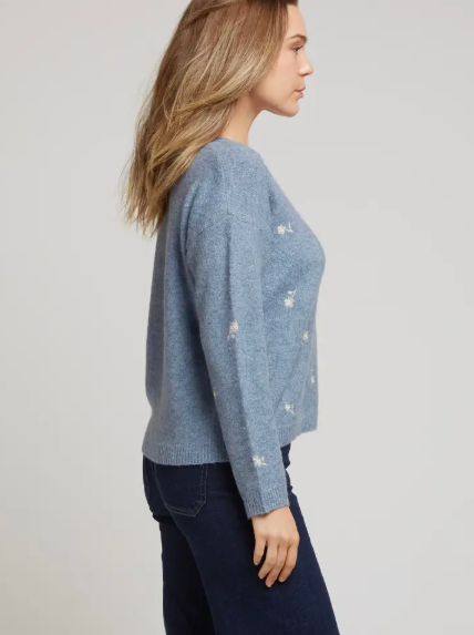 YVETTE - Merinoulltröja med broderade blommor - Blå