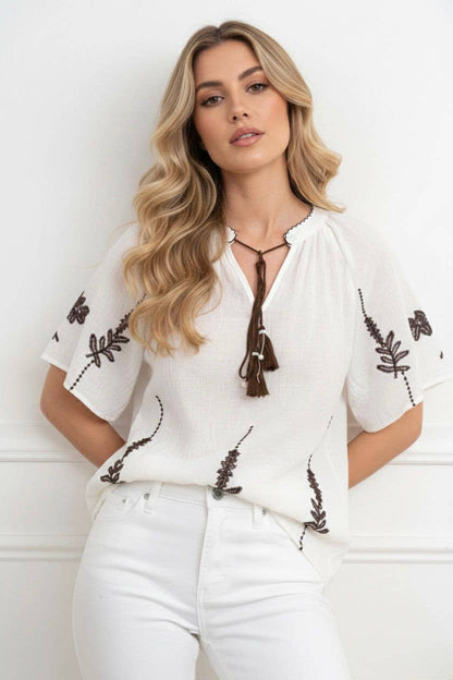 Broderad blus - 100% bomull : Brun