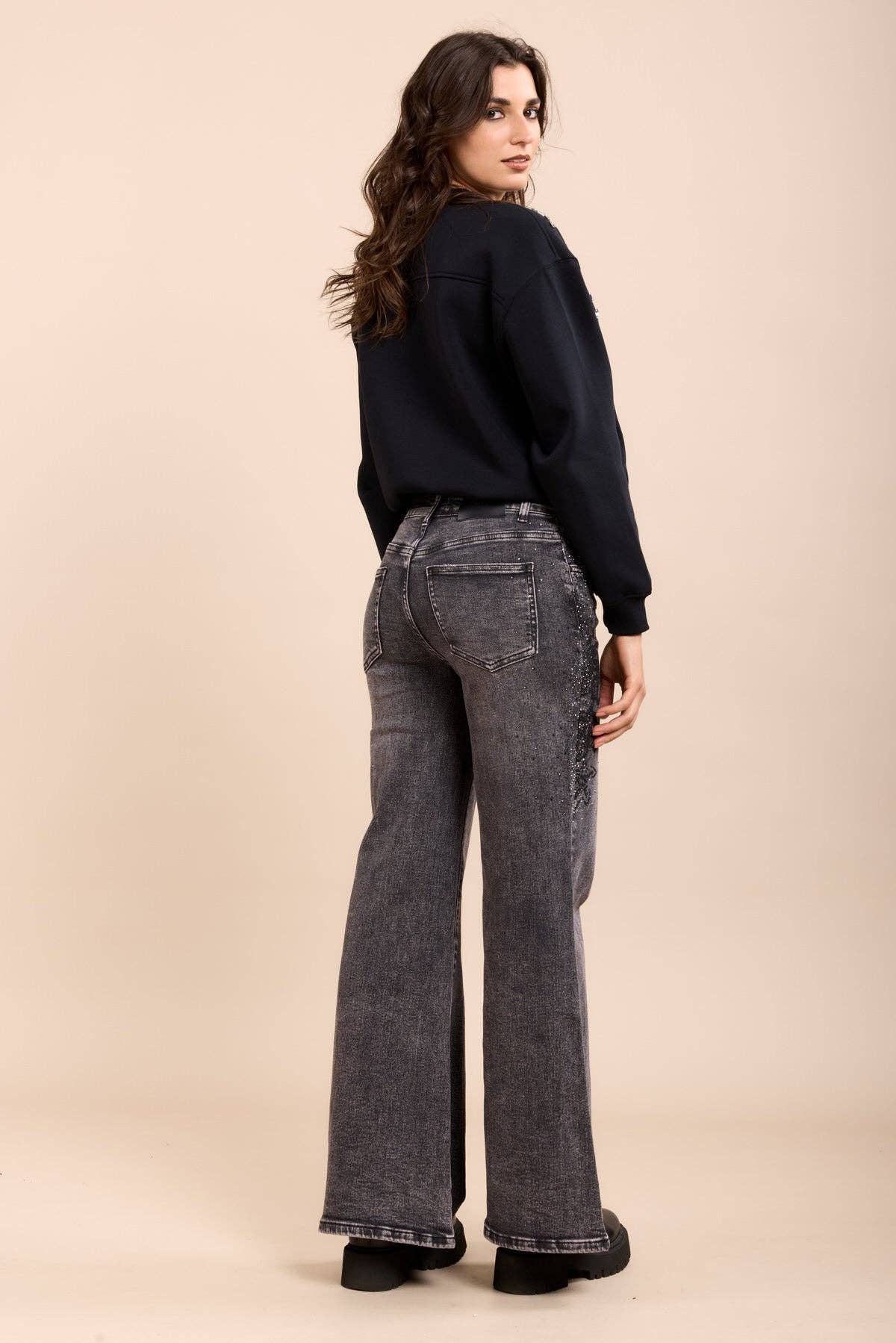 Stretch jeans bootcut med strass och blommönster: Grå