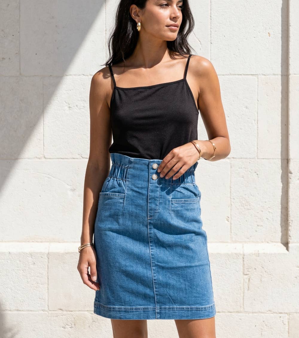 Jeanskjol att dra på, knälång och med elastisk midja: blå / 38