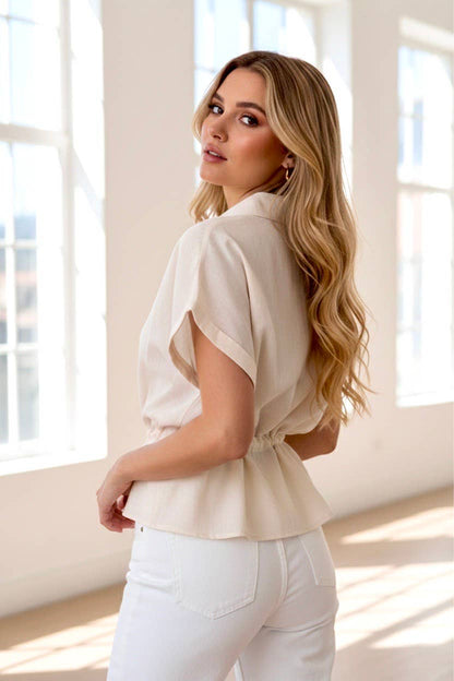 Beige blus - 100% Bomull - med bladtryck i guld: Beige