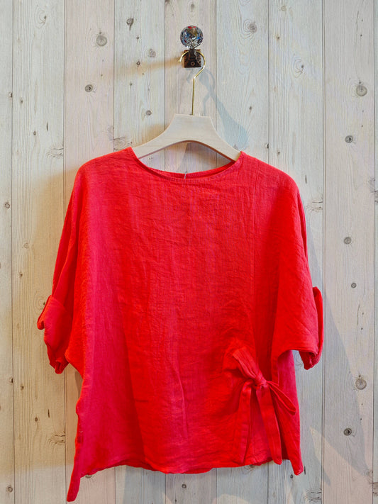 Blus m. Rosett - 100% Linne : Korall