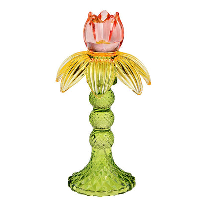 Ljusstake Tulpan i glas, gul/grön/rosa (B/H/D) 11 × 20 × 11 cm
