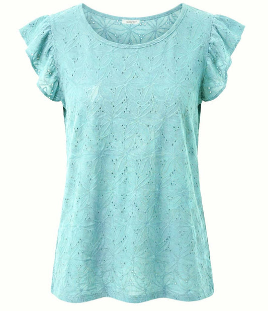 T-shirt med volangärmar i reliefstickad jacquard: Bordeaux Aqua