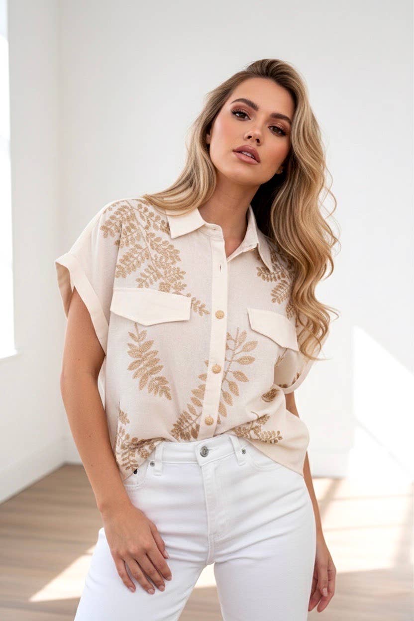 Beige blus - 100% Bomull - med bladtryck i guld: Beige