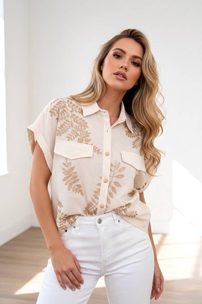 Beige blus - 100% Bomull - med bladtryck i guld: Beige