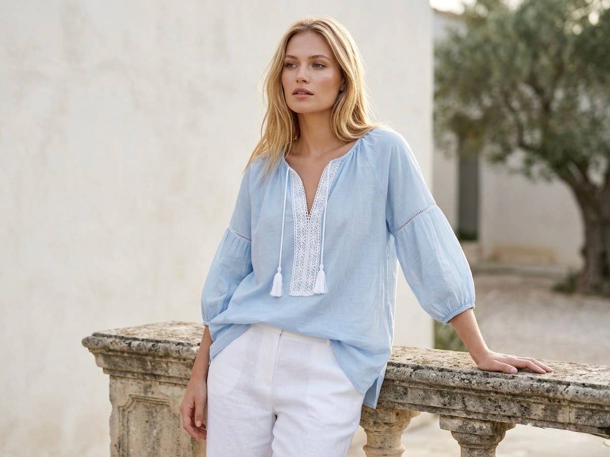 Bohemisk broderad blus - Viskos - med tofsar: Blå