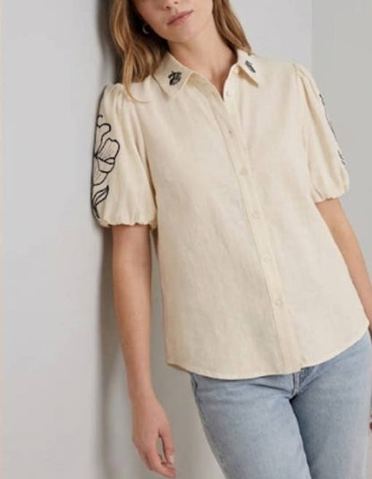 Kortärmad Broderad Skjorta - 100% Bomull : Beige