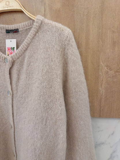 Kofta i kidmohair & ull med rund hals: Beige