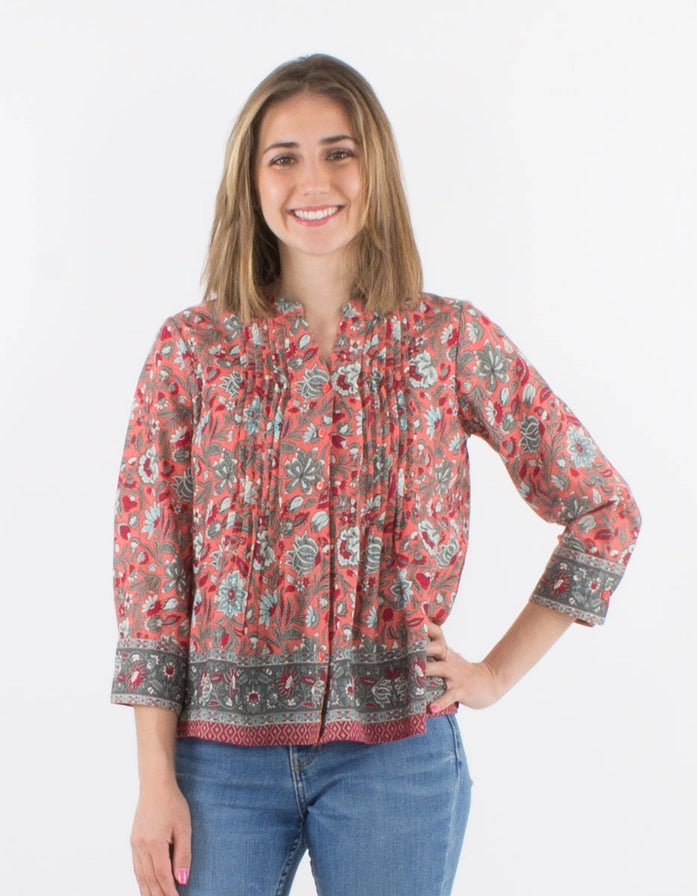 Långärmad Blus med Knäppning – Bohemisk Blommig Stil