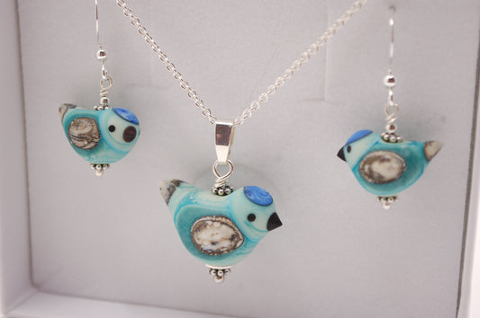 Fågel Halsband + Örhängen i Set -  Silver - Turkos - Marianne Degener