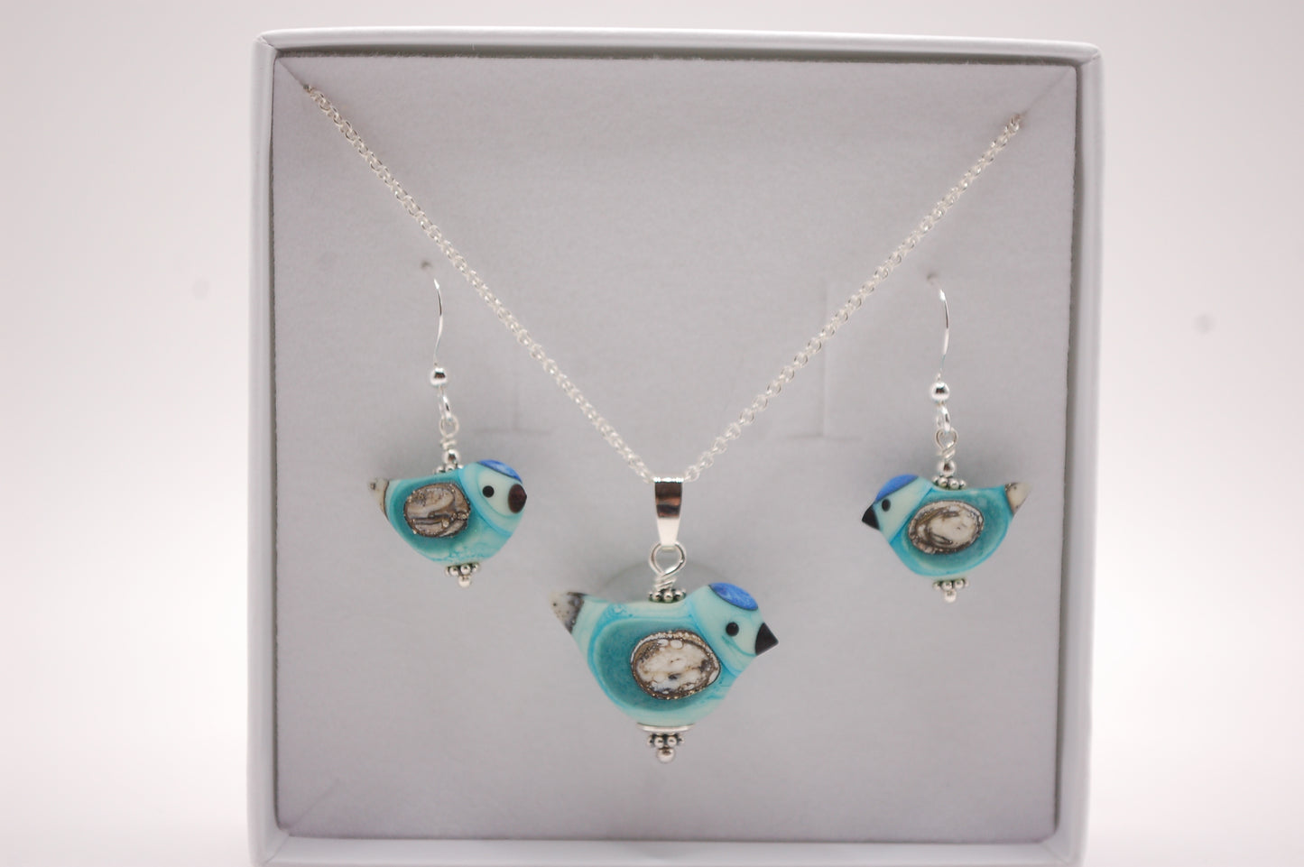 Fågel Halsband + Örhängen i Set -  Silver - Turkos - Marianne Degener