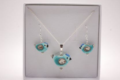 Fågel Halsband + Örhängen i Set -  Silver - Turkos - Marianne Degener
