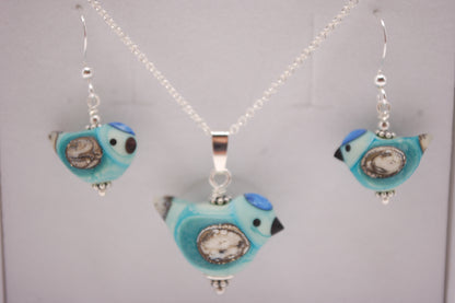Fågel Halsband + Örhängen i Set -  Silver - Turkos - Marianne Degener