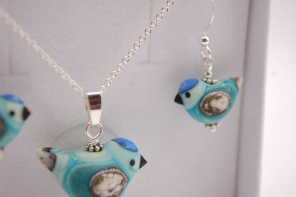 Fågel Halsband + Örhängen i Set -  Silver - Turkos - Marianne Degener