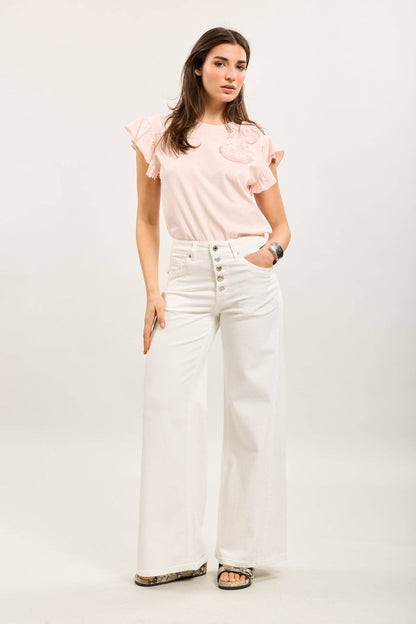 Stretchjeans med dekorerade knappar: Vit