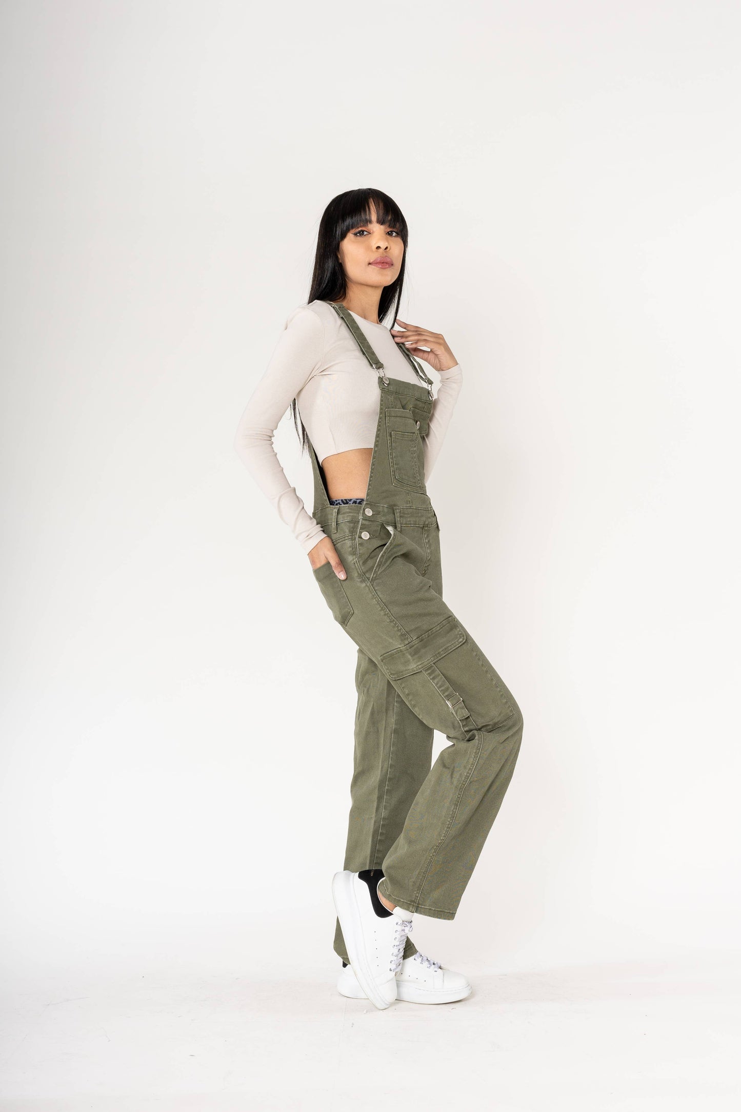 Nina Carter Hängselbyxa Cargo Denim Stretch - Persimmon