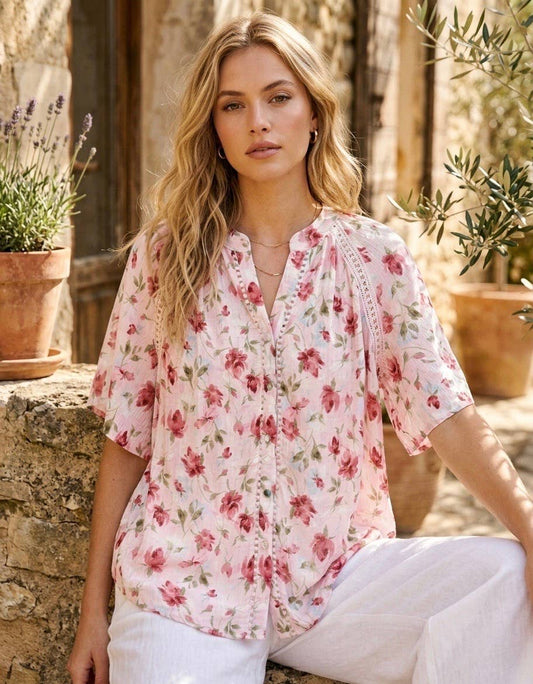 Mönstrad, luftig blus - Viskos - Rosa - med eleganta korta ärmar