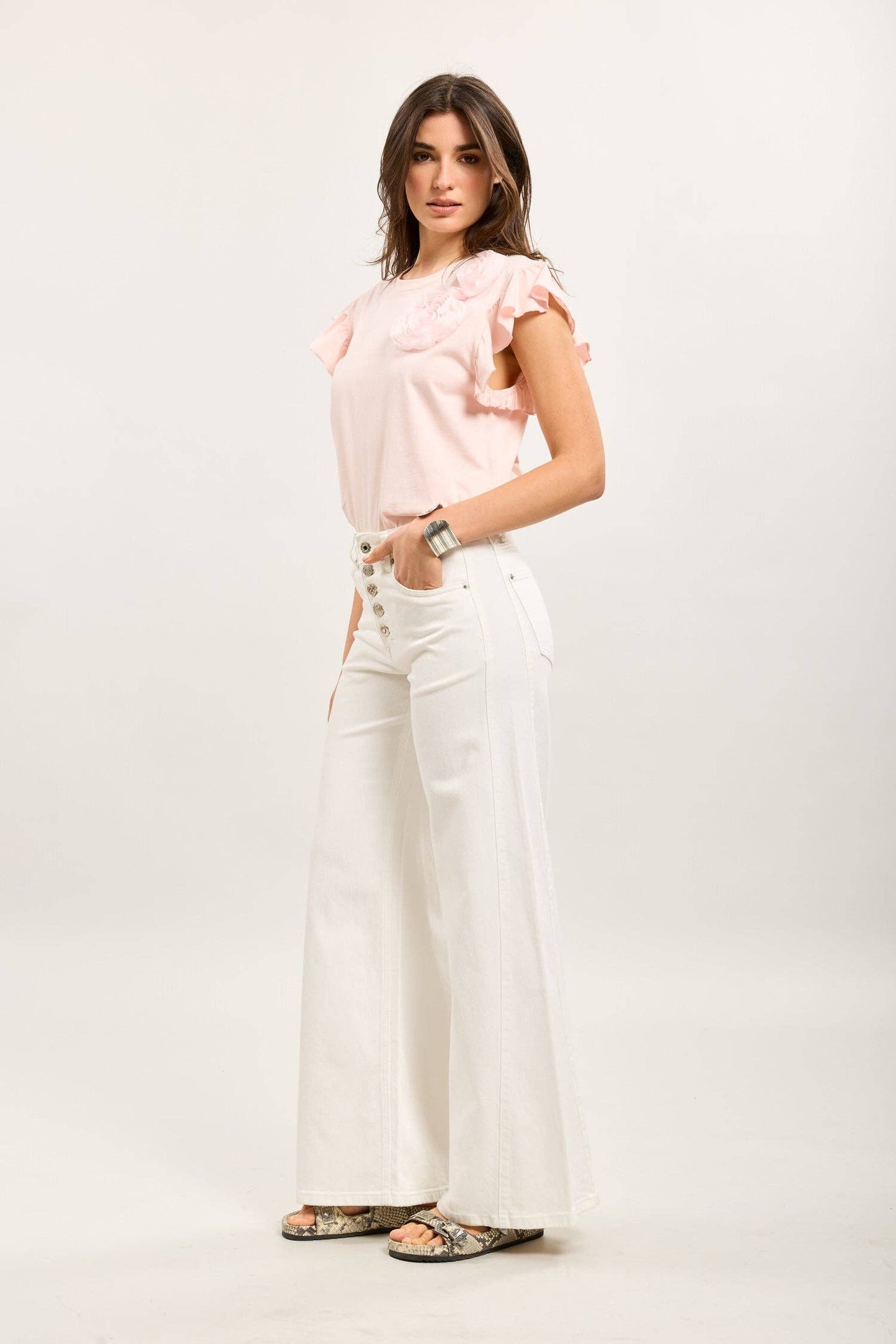 Stretchjeans med dekorerade knappar: Vit