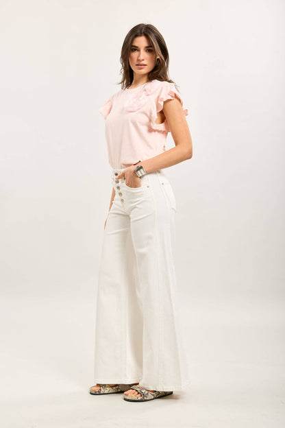 Stretchjeans med dekorerade knappar: Vit