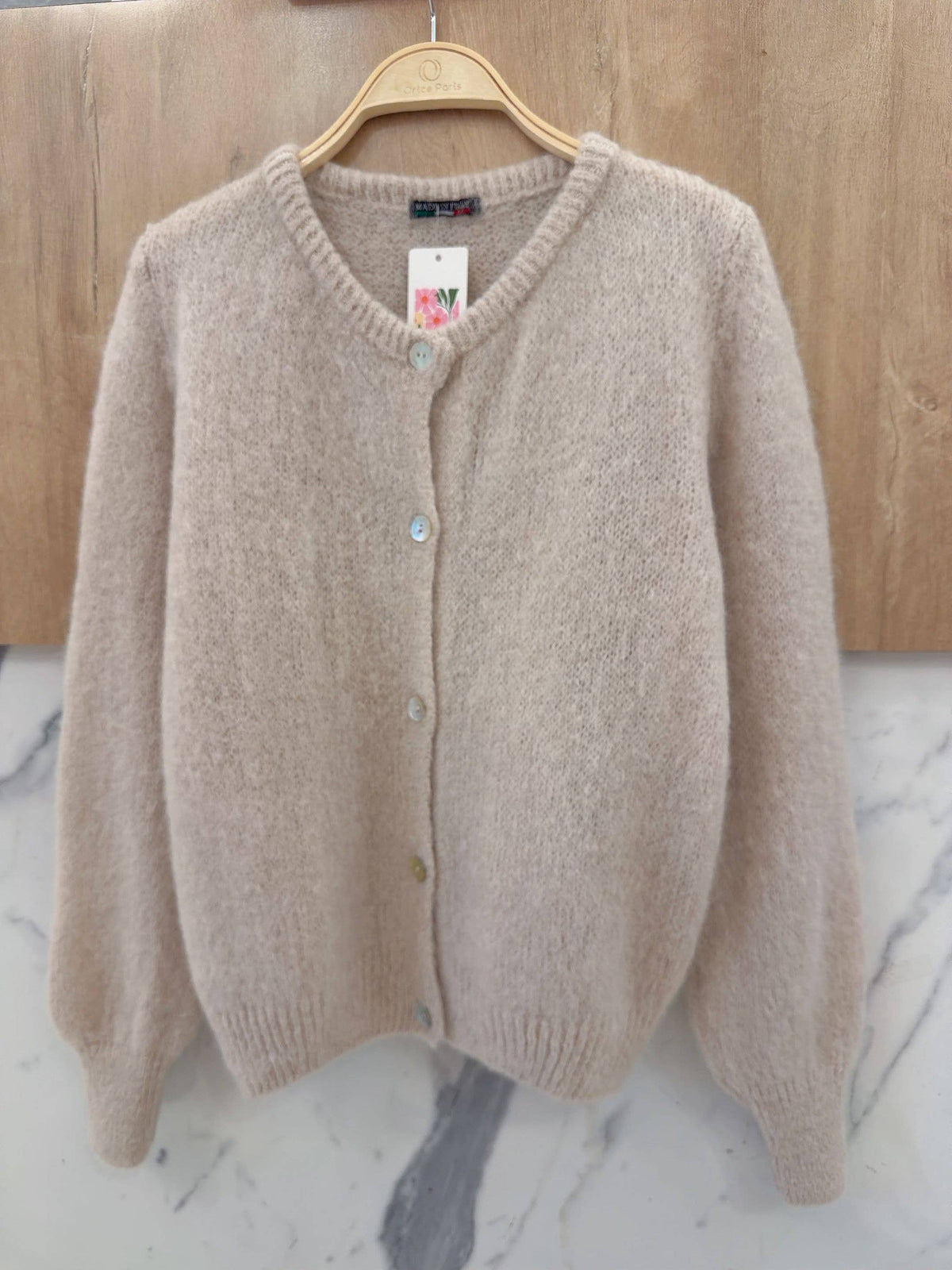 Kofta i kidmohair & ull med rund hals: Beige