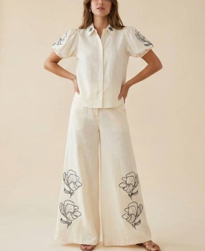 Kortärmad Broderad Skjorta - 100% Bomull : Beige