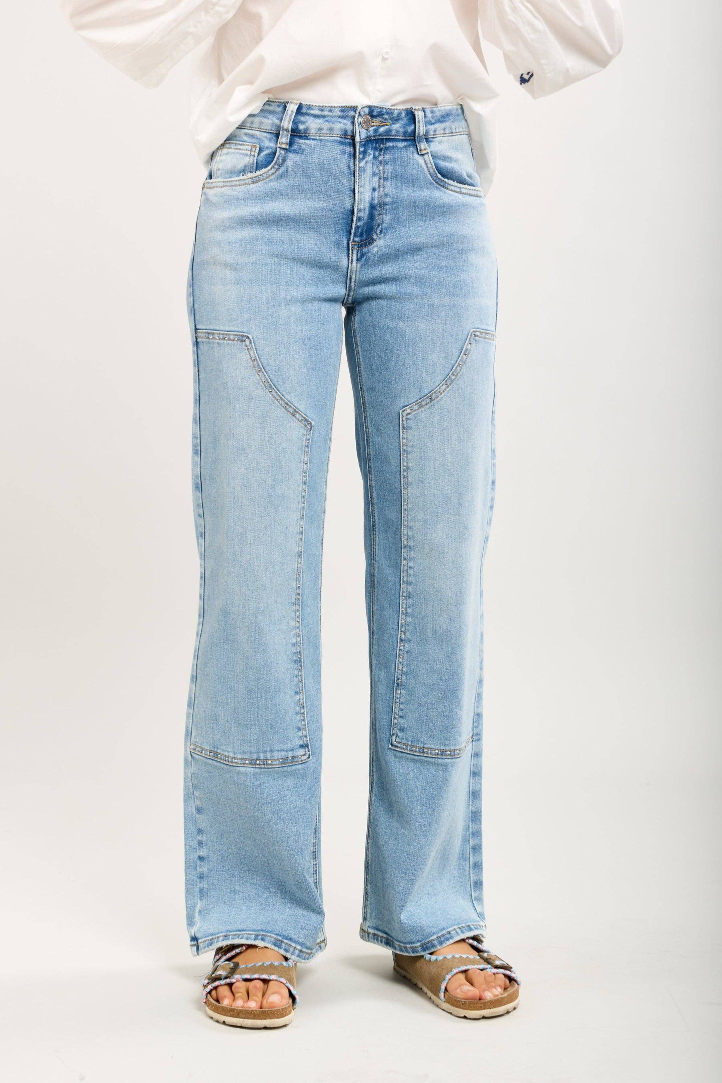 Jeans i stretch med strass-sömmar: Ljusblå