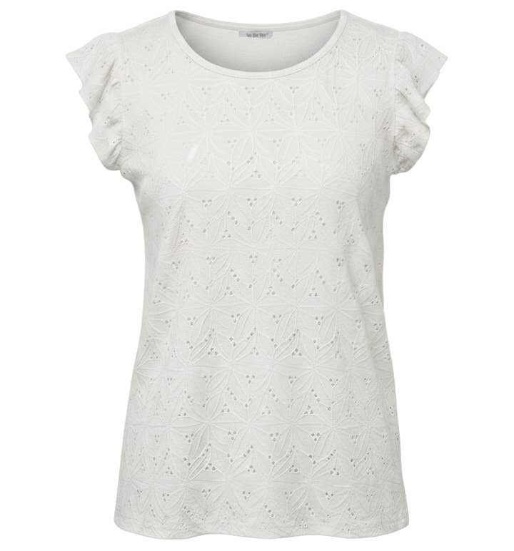 T-shirt med volangärmar i reliefstickad jacquard: Vanilj