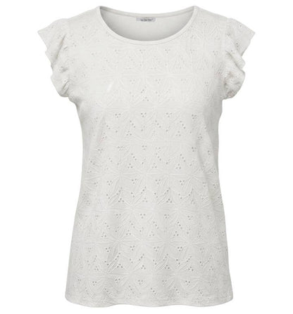 T-shirt med volangärmar i reliefstickad jacquard: Vanilj