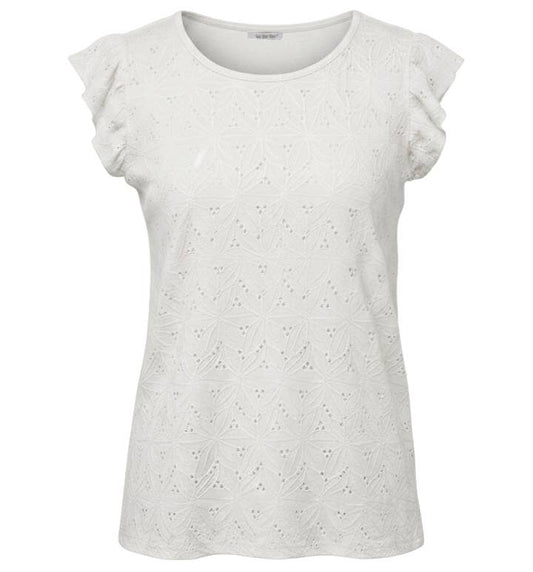 T-shirt med volangärmar i reliefstickad jacquard: Vanilj