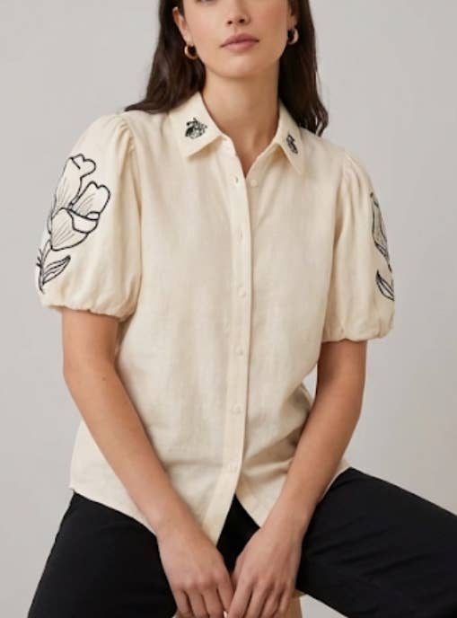 Kortärmad Broderad Skjorta - 100% Bomull : Beige