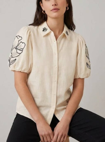 Kortärmad Broderad Skjorta - 100% Bomull : Beige