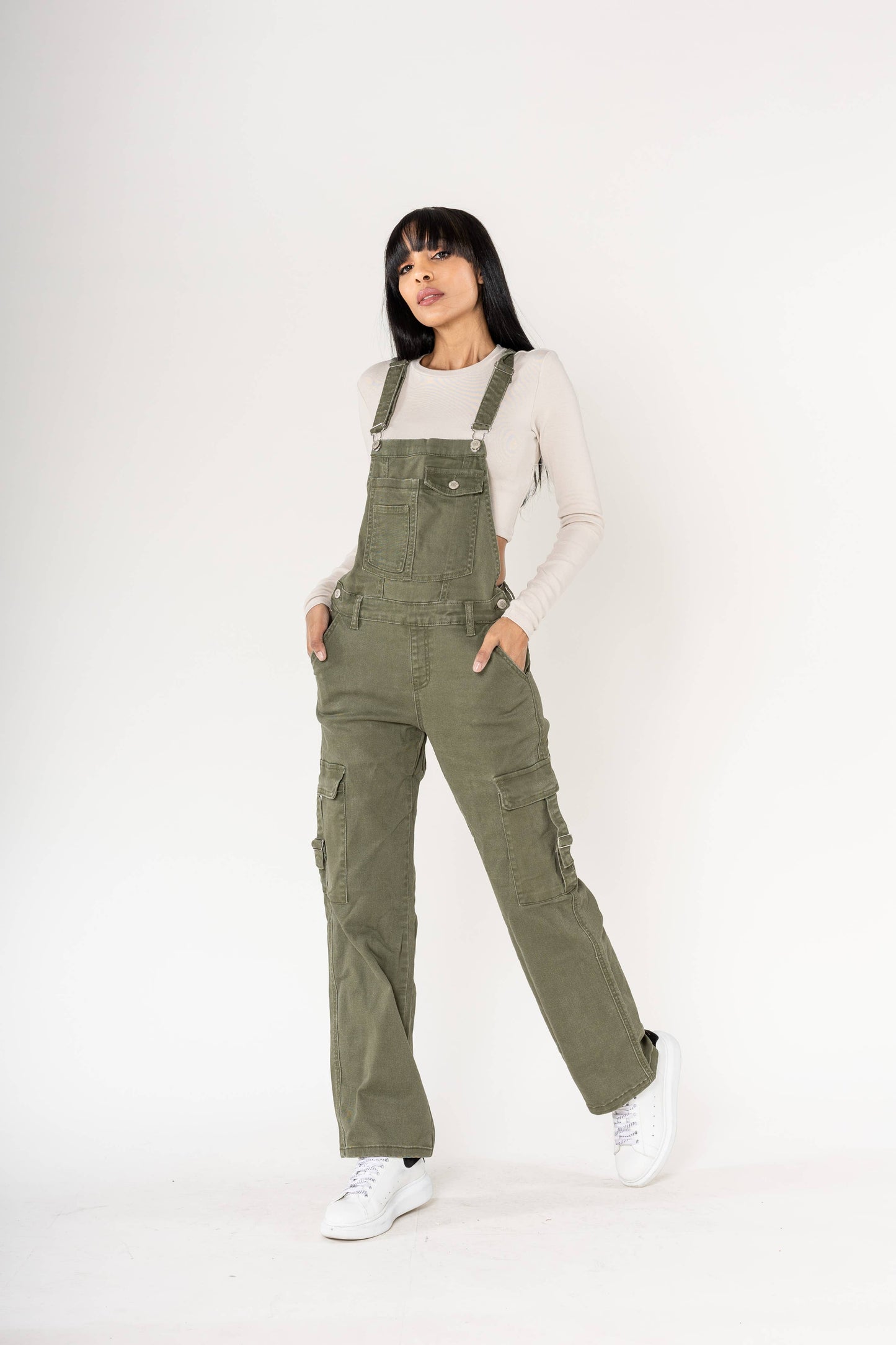 Nina Carter Hängselbyxa Cargo Denim Stretch - Persimmon
