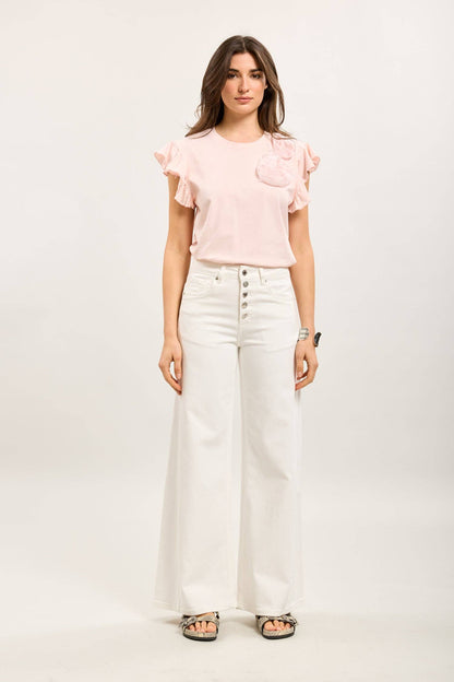 Stretchjeans med dekorerade knappar: Vit