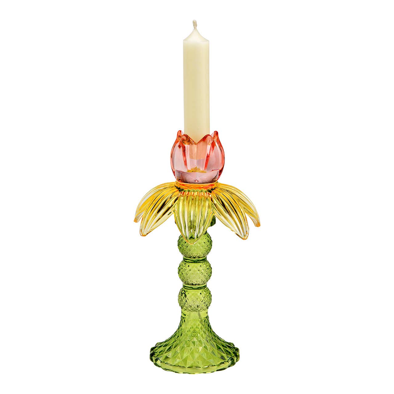 Ljusstake Tulpan i glas, gul/grön/rosa (B/H/D) 11 × 20 × 11 cm