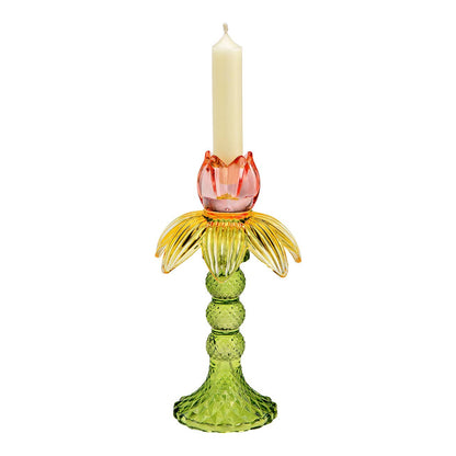 Ljusstake Tulpan i glas, gul/grön/rosa (B/H/D) 11 × 20 × 11 cm