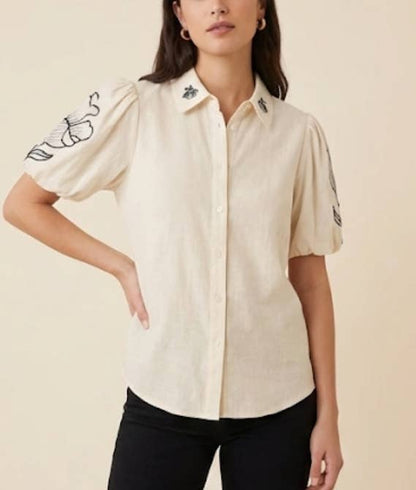 Kortärmad Broderad Skjorta - 100% Bomull : Beige