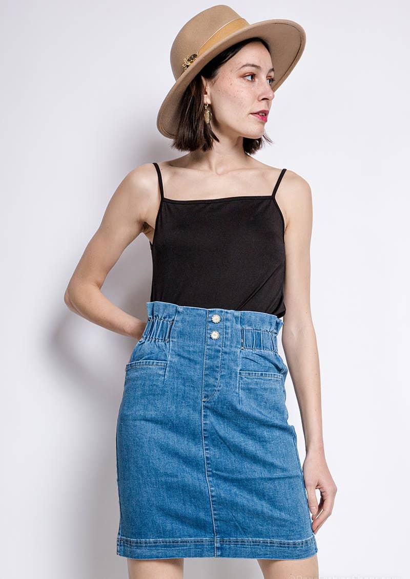 Jeanskjol att dra på, knälång och med elastisk midja: blå / 38