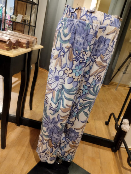 Blå blommiga byxor med fickor - XL/XXL